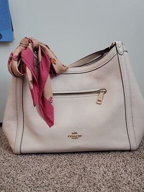 Coach Cream Pebbled Leather Shoulder Bag with Pink Scarf Accent